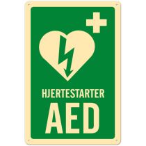 Førstehjelpsskilt: "Hjertestarter AED", metall, 20 x 30 cm