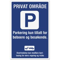 Opplysningsskilt: "Privat område – Parkering kun tillatt for beboere …", aluminium