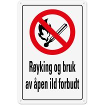 Forbudsskilt: "Røyking og bruk av åpen ild forbudt", metall, 20 x 30 cm