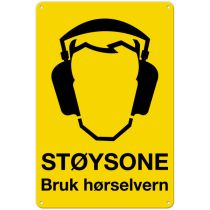 Fareskilt: "Støysone – Bruk hørselvern", metall, 20 x 30 cm