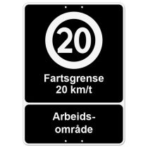 Privatrettslig skilt: "Fartsgrense 20 km/t – Arbeidsområde", aluminium, 50 x 70 cm