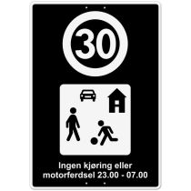 Privatrettslig skilt: Gatetun 30 km/t – "Ingen kjøring eller …", aluminium, 70 x 100 cm