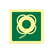 Førstehjelpsskilt: Livbøye med line, metall, 200 x 200 mm