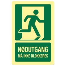 Rømningsveiskilt: "Nødutgang – Må ikke blokkeres", metall, 200 x 300 mm