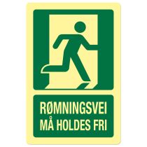 Rømningsveiskilt: "Rømningsvei må holdes fri", metall, 200 x 300 mm