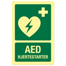 Førstehjelpsskilt: "AED – Hjertestarter", metall, 200 x 300 mm