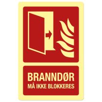 Brannskilt: "Branndør – Må ikke blokkeres", metall, 200 x 300 mm