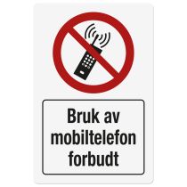 Forbudsskilt: "Bruk av mobiltelefon forbudt", metall, 200 x 300 mm