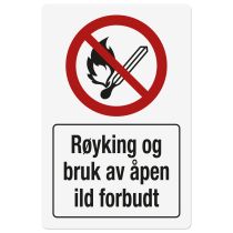 Forbudsskilt: "Røyking og bruk av åpen ild forbudt", metall, 200 x 300 mm