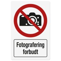 Forbudsskilt: "Fotografering forbudt", metall, 200 x 300 mm