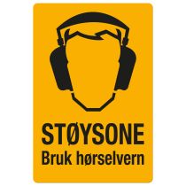 Fareskilt: "Støysone – Bruk hørselvern", metall, 200 x 300 mm