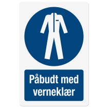 Påbudsskilt: "Påbudt med verneklær", metall, 200 x 300 mm