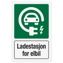 Opplysningsskilt: "Ladestasjon for elbil", metall, 200 x 300 mm