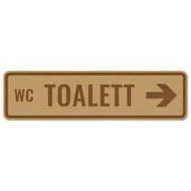 Infoskilt: "Toalett" pil høyre, tre, 310 x 85 mm