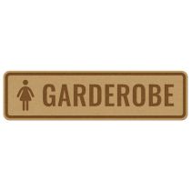 Infoskilt: "Damegarderobe", tre, 310 x 85 mm