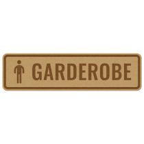 Infoskilt: "Herregarderobe", tre, 310 x 85 mm