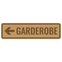 Infoskilt: "Garderobe" pil venstre, tre, 310 x 85 mm