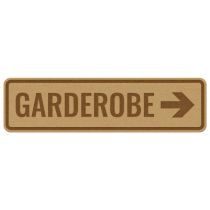 Infoskilt: "Garderobe" pil høyre, tre, 310 x 85 mm